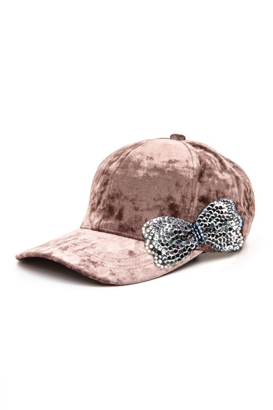 Sequin Bow Tie Distressed Velour Cap