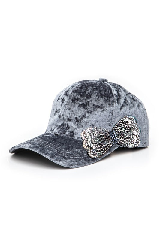 Sequin Bow Tie Distressed Velour Cap