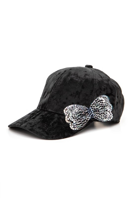 Sequin Bow Tie Distressed Velour Cap