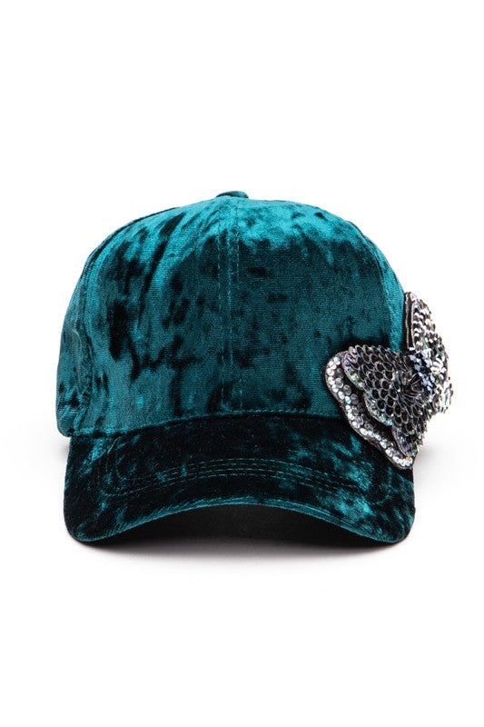 Sequin Bow Tie Distressed Velour Cap