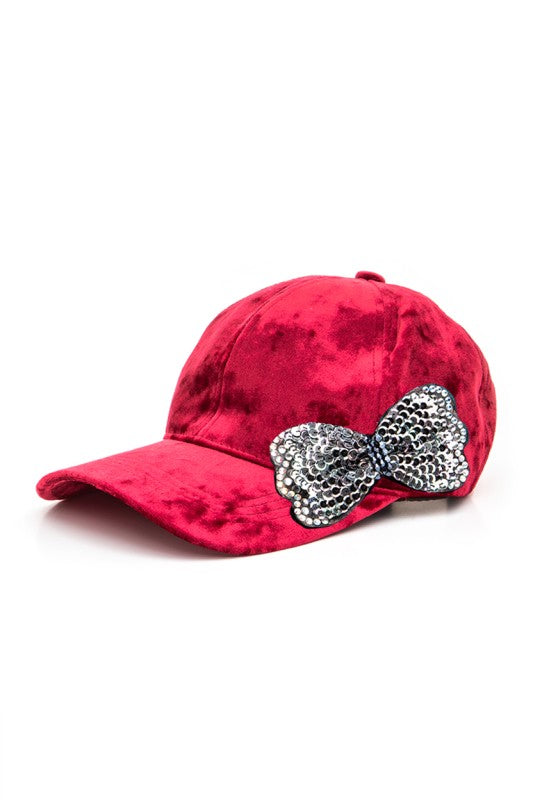 Sequin Bow Tie Distressed Velour Cap