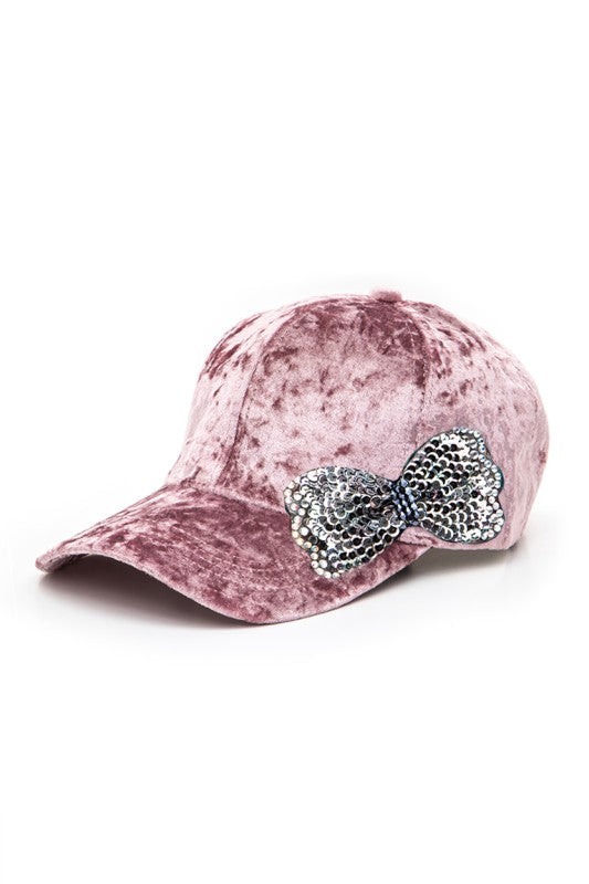 Sequin Bow Tie Distressed Velour Cap