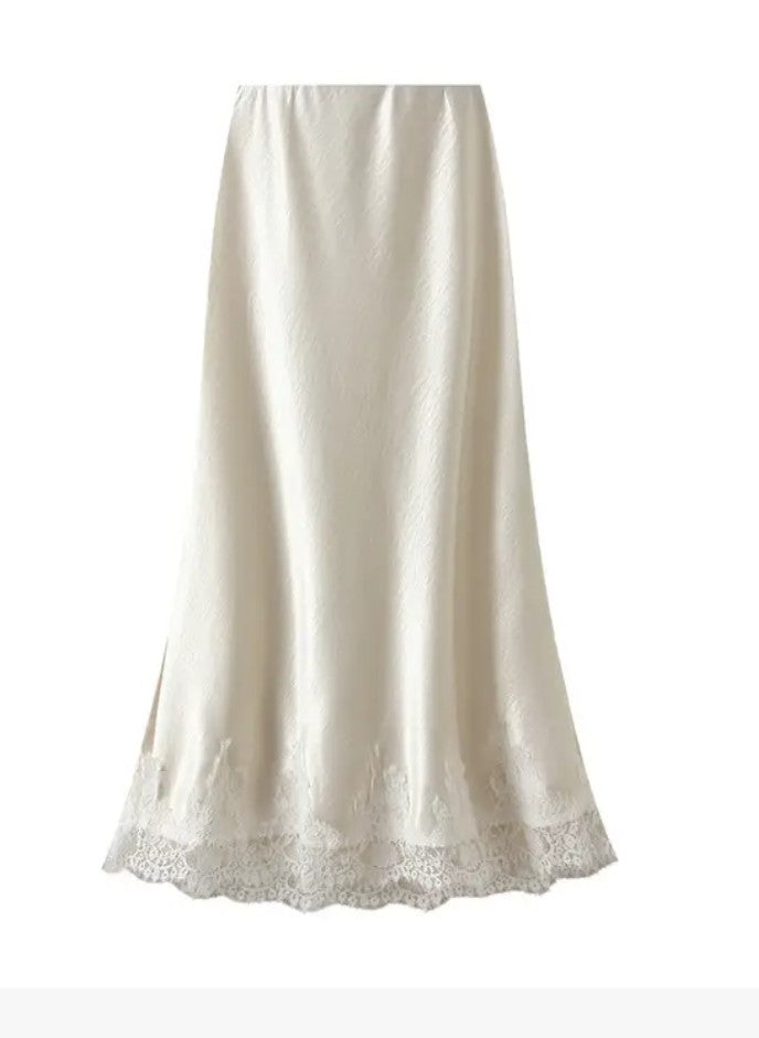 Miss Sparkling | Satin Midi Skirt with Lace Trim