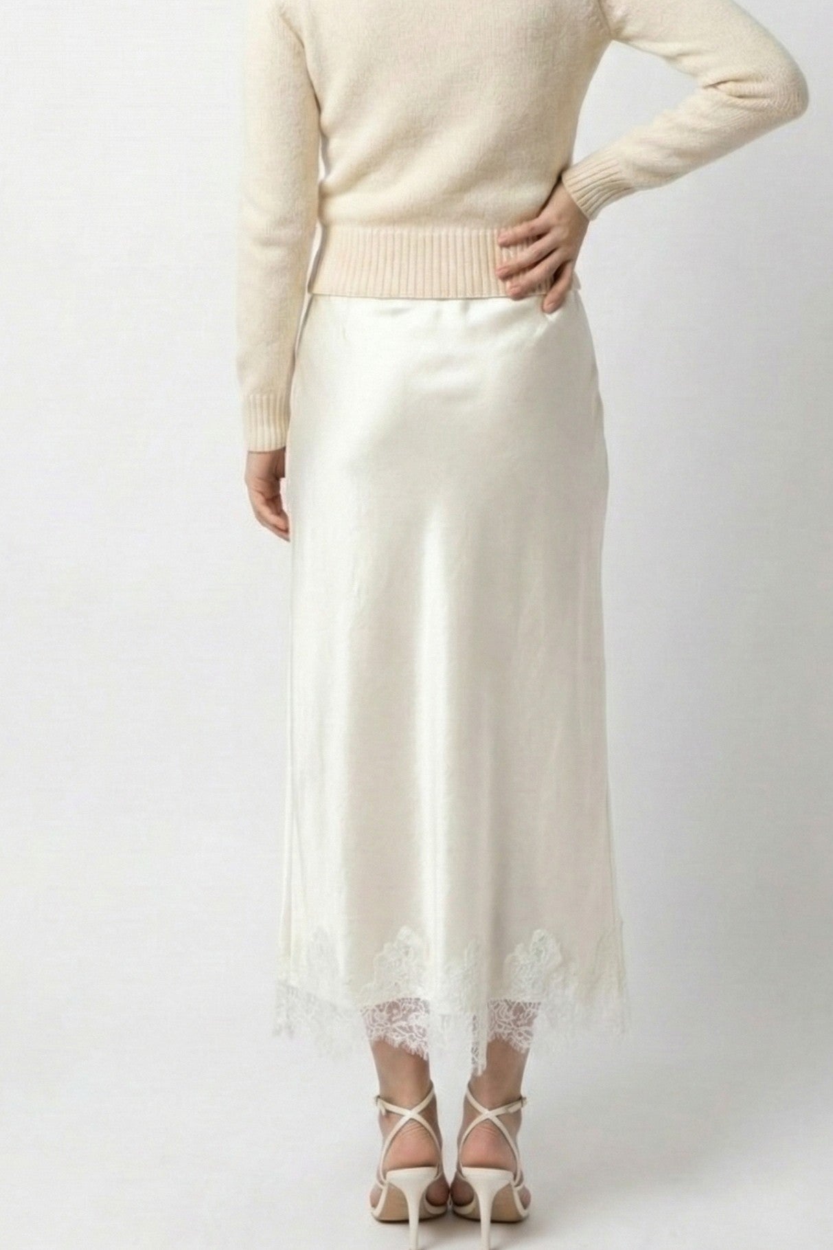 Miss Sparkling | Satin Midi Skirt with Lace Trim