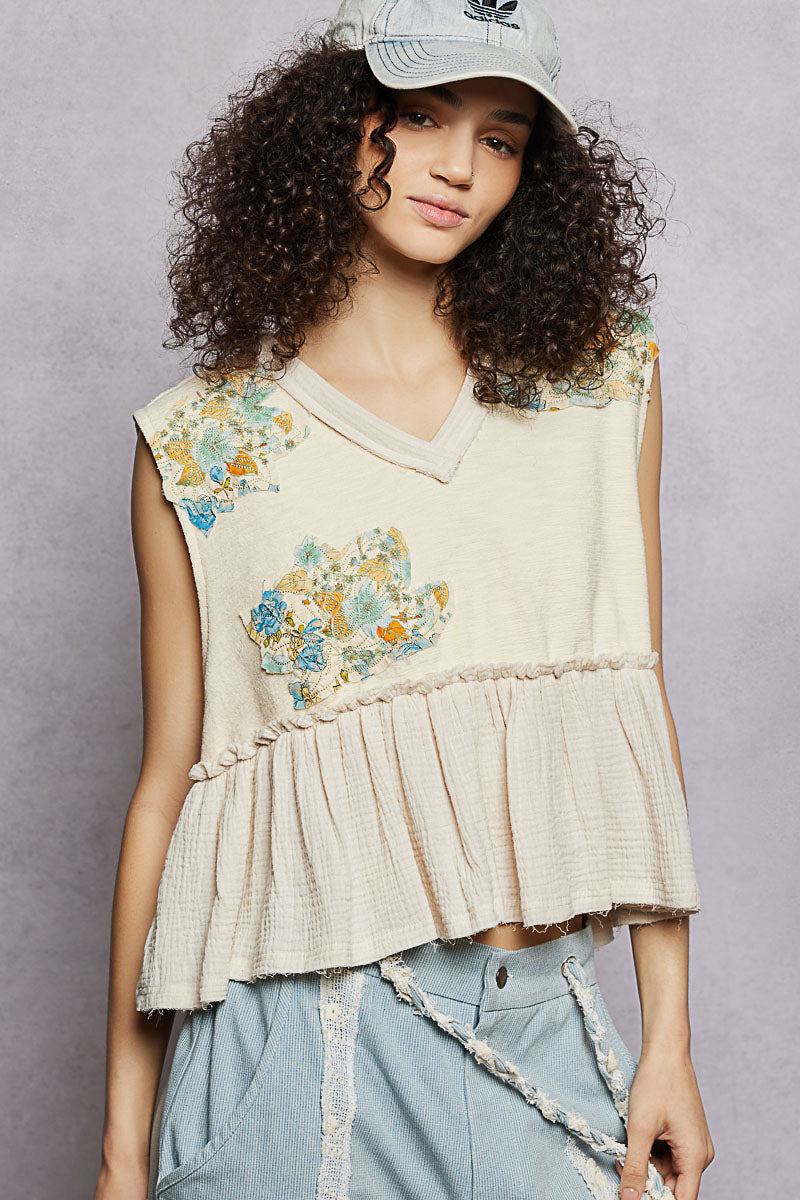 POL Floral Patch Ruffled Sleeveless Top with Raw Edge Detail