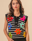 BiBi Flower Patch Striped Half Button Sweater Vest