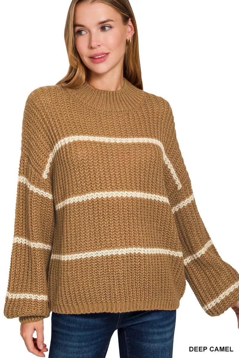Zenana Oversize Striped Sweater in Camel