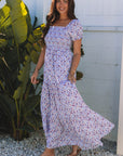 Floral Bubble Sleeve Shirred High Waist Maxi Dress