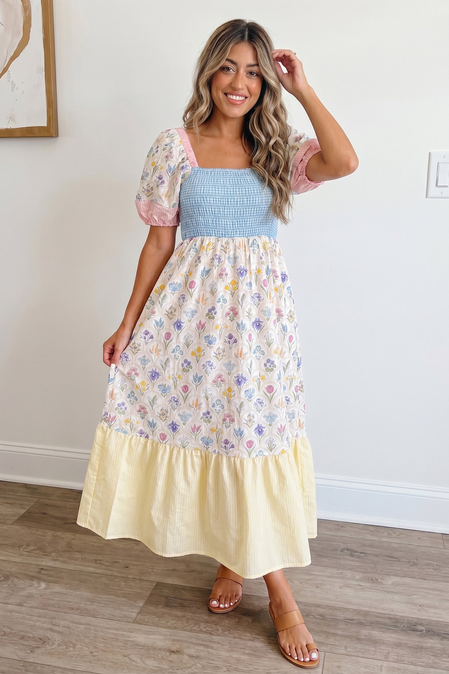Floral Stripe Colorblock Square Neck Shirred Dress