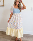 Floral Stripe Colorblock Square Neck Shirred Dress