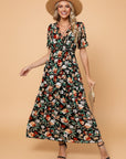 Floral Frilled V-Neck Short Sleeve Maxi Dress
