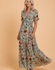 Floral Frilled V-Neck Short Sleeve Maxi Dress