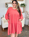 Double Take Full Size V-Neck Balloon Sleeve Tiered Dress with Pockets