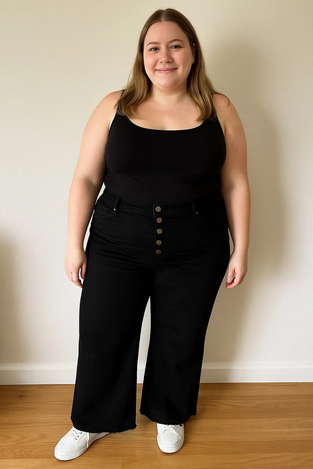 Mittoshop Twill High Waisted Button Fly Wide Leg Pants in Black