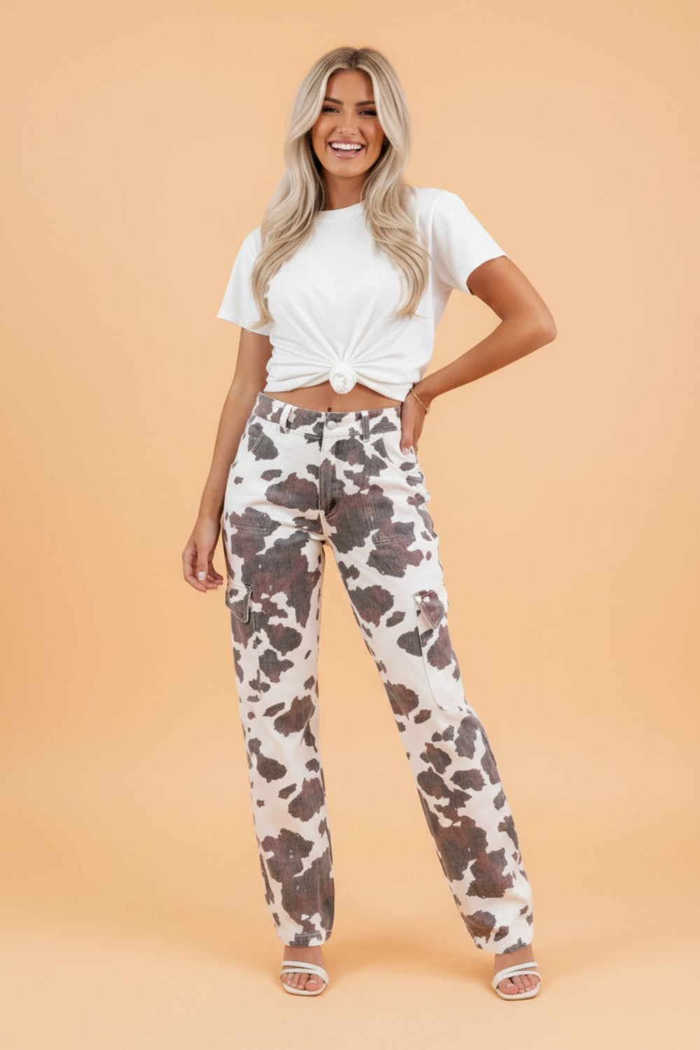 Western Cow Spot Cargo Pocket Straight Leg Jeans