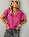 Bright Pink Crinkled V Neck Wide Sleeve T-shirt