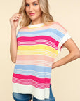 Haptics Striped Side Slit Short Sleeve Knit Top