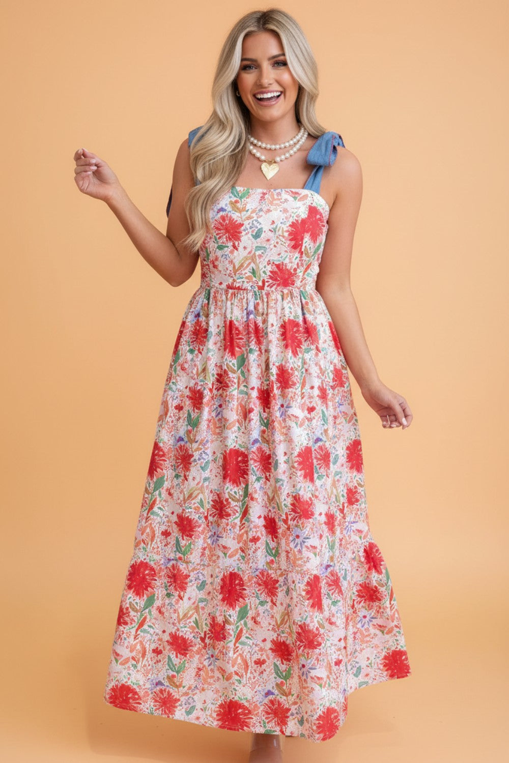 Floral Denim Tie Strap High Waist Maxi Dress
