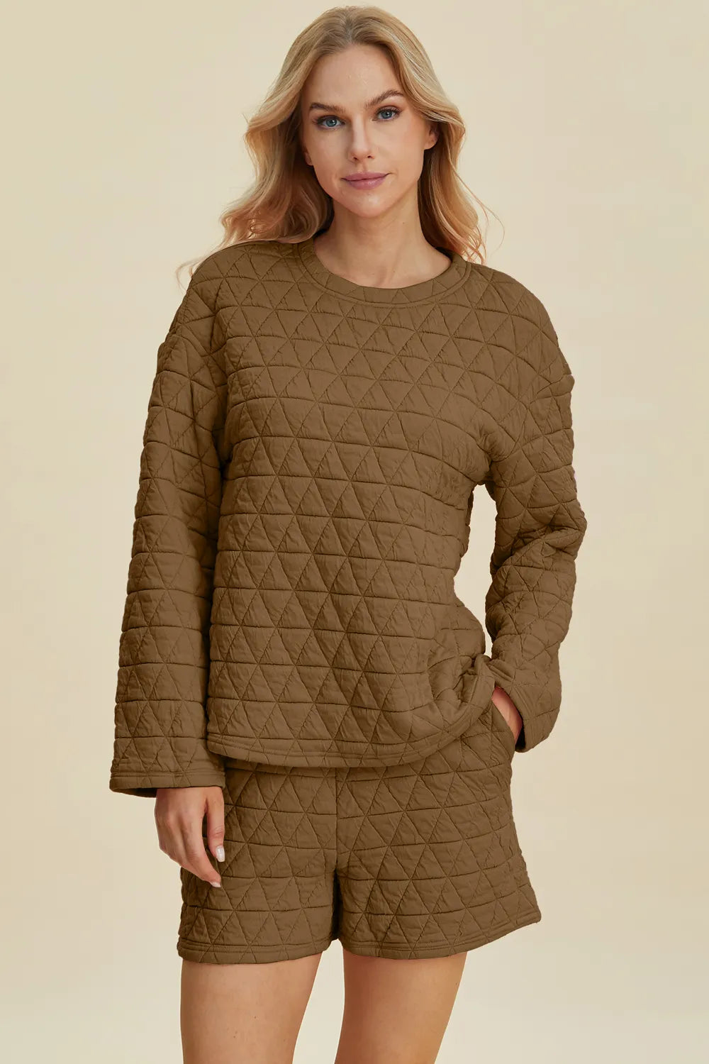 Double Take Textured Long Sleeve Top & Shorts Set