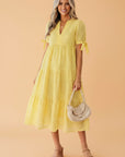 Gingham Textured Bow Tie Tiered Midi Dress