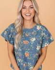 Floral Denim Ruffle Short Sleeve Top