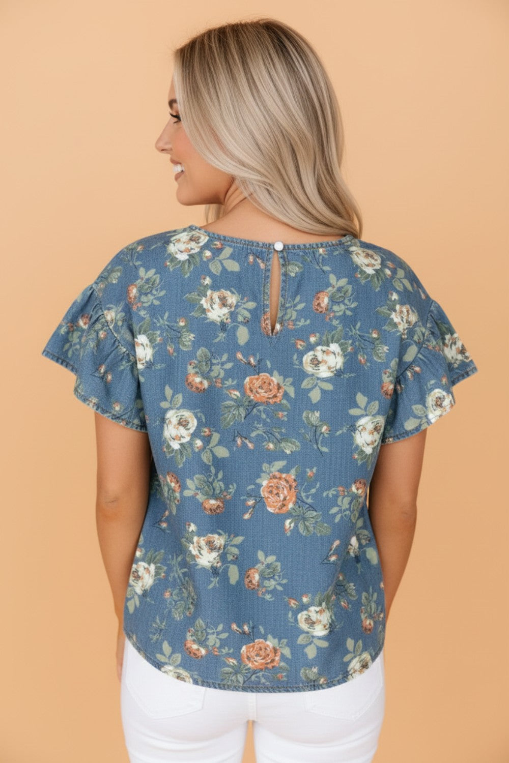 Floral Denim Ruffle Short Sleeve Top