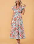 Floral Flutter Sleeve Smocked V-Neck Maxi Dress
