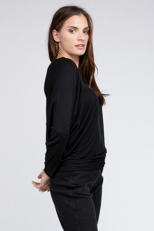 Zenana Ribbed Batwing Long Sleeve Boat Neck Sweater