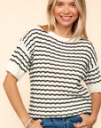 Haptics Openwork Striped Round Neck Half Sleeve Knit Top