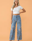 Retro Floral Frayed Hem Shift Jeans