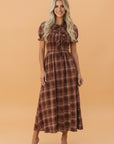 Plaid Vintage Knot Front Smocked High Waist Midi Dress