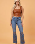 Denim Embroidered Flare Leg Jeans w/ Pockets