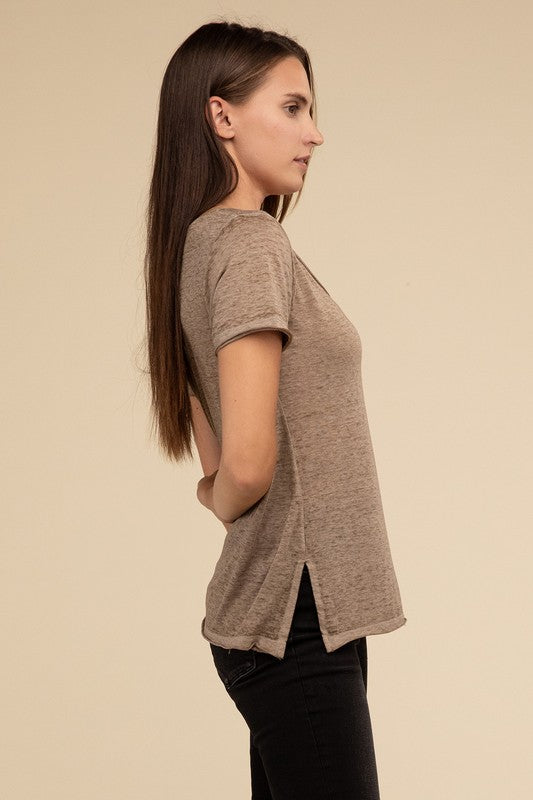ZENANA Washed Melange Burnout Scoop V-Neck Top