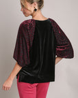 Umgee Round Neck Leopard Balloon Sleeve Velvet Top