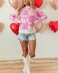 Pink Bow Knot Two Tone Checkered Crew Neck Sweater