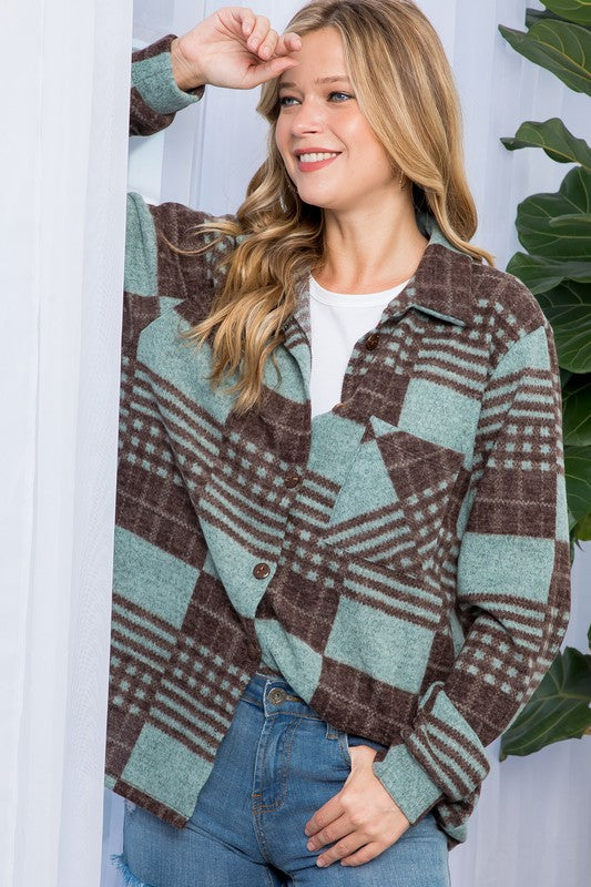 e Luna PLUS Fuzzy Plaid Button Down Shacket