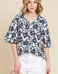 BOMBOM Floral Decorative Button V-Neck Top