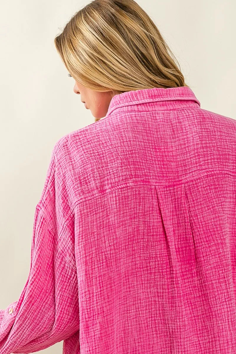 BiBi Raw Edge Detailed Mineral Washed Loose Fit Shirt in Fuchsia