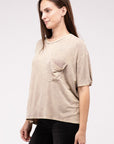 Zenana Washed Ribbed Cuffed Short Sleeve Round Neck Top