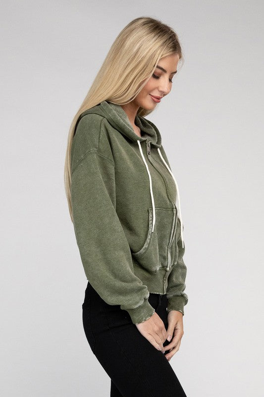 ZENANA Acid Wash Fleece Cropped Zip-Up Hoodie