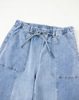 Denim Raw Hem Drawstring Wide Leg Pants