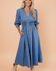 Denim Shirred Waist Zip-Up V-Neck Midi Dress