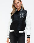 Love Me Now PU Leather Contrast Snap Down Bomber Jacket