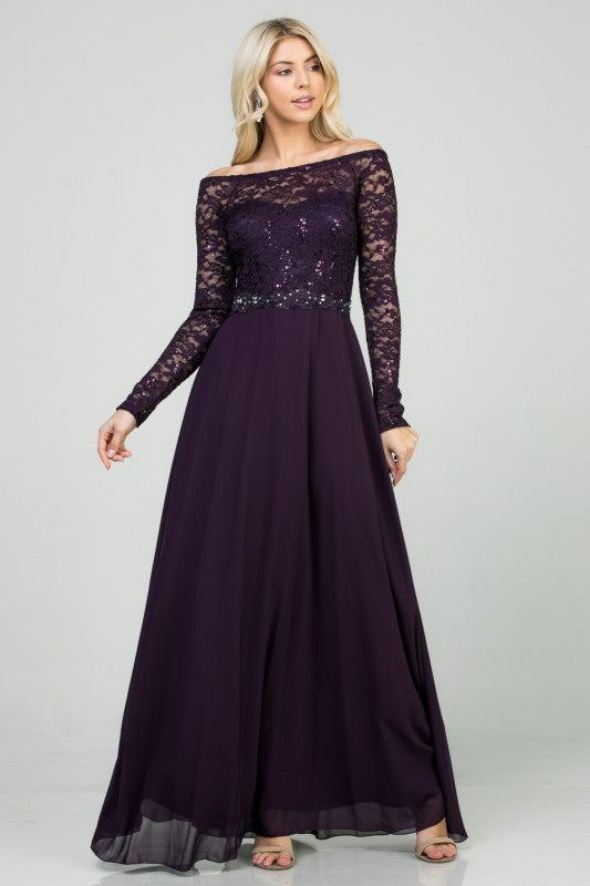 La Scala Plus Size Long Sleeve Lace and Chiffon Gown