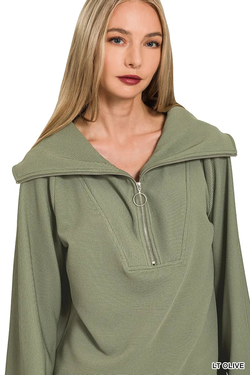 Zenana Ribbed High Neck Half Zip Pullover & Pants Set in Olive