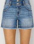 RISEN High Rise Seam Detailed Raw Edge Denim Shorts