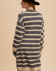 Annie Wear Checkered & Striped Open Front Long Sleeve Cardigan