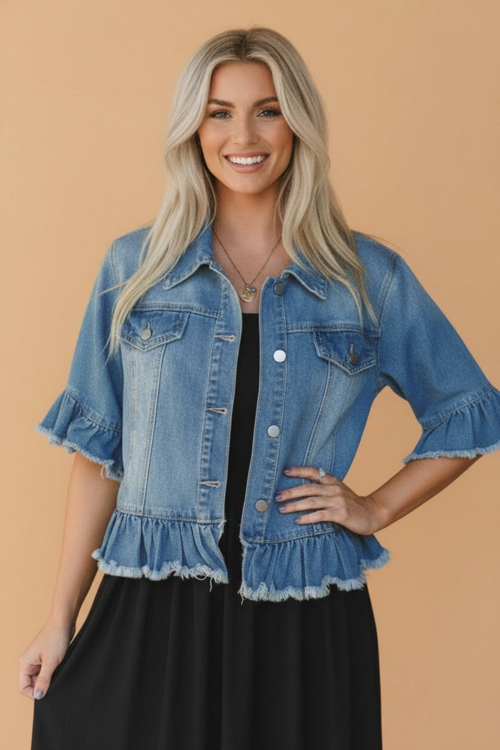 Ruffled Short Sleeve Denim Jacket