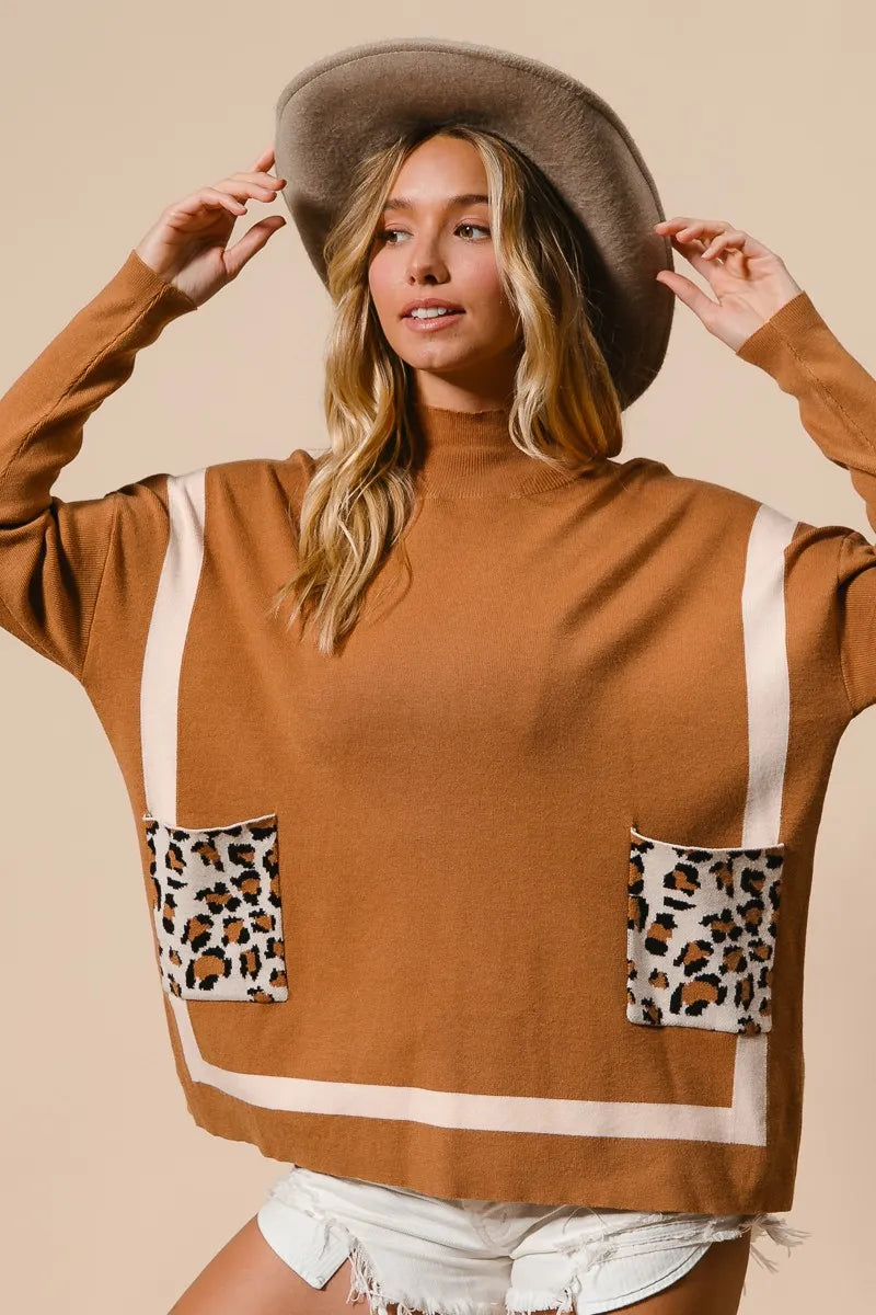 BiBi Mock Neck Sweater with Leopard Pocket