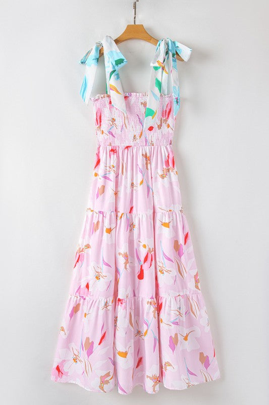 Floral Print Knotted Shoulder Smocked Maxi Dress